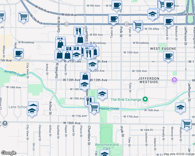 map of restaurants, bars, coffee shops, grocery stores, and more near 1545 West 13th Avenue in Eugene
