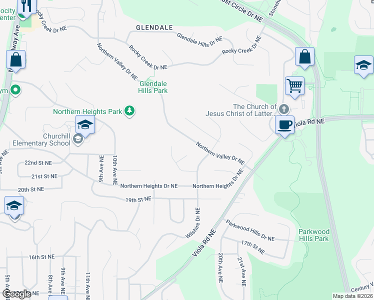 map of restaurants, bars, coffee shops, grocery stores, and more near 2129 East Heights Lane Northeast in Rochester
