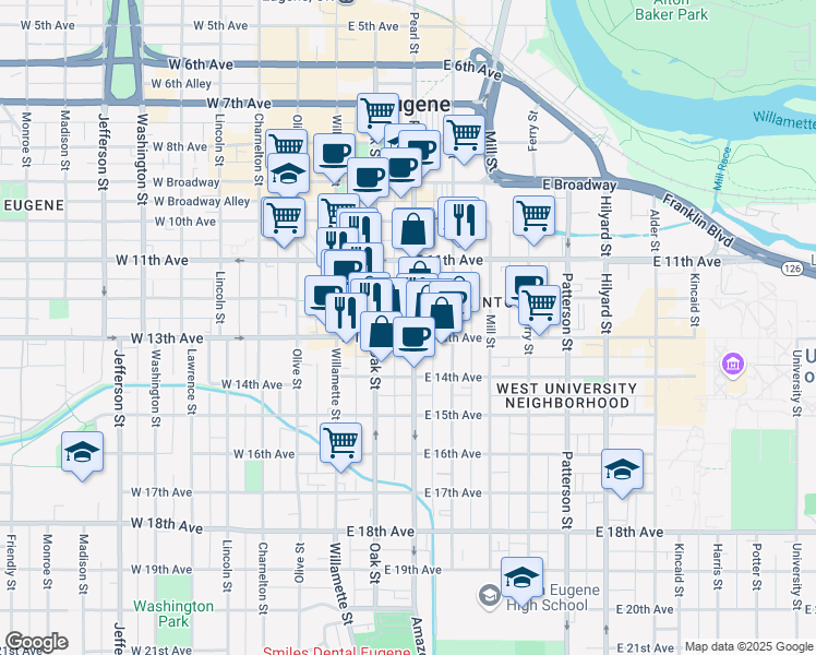 map of restaurants, bars, coffee shops, grocery stores, and more near 1264 Pearl Street in Eugene