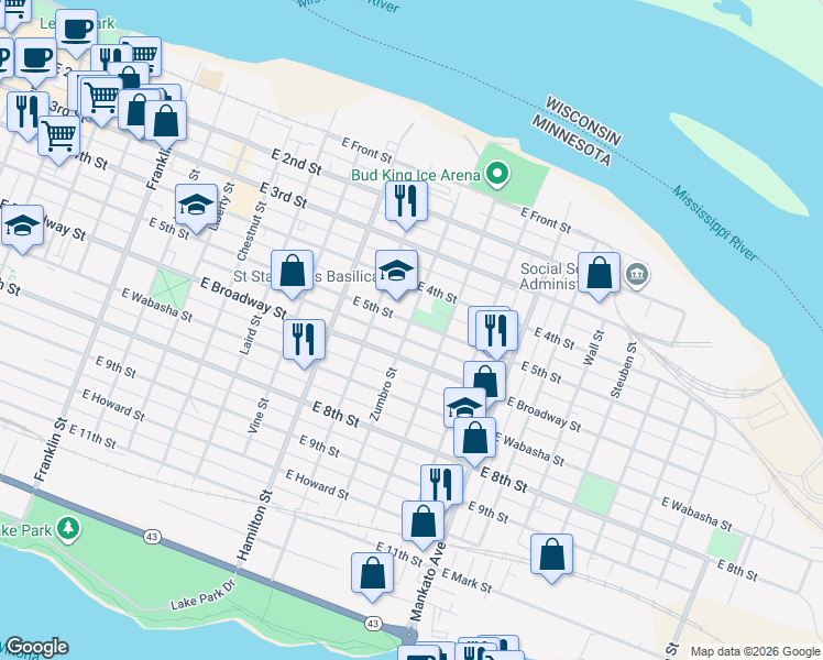 map of restaurants, bars, coffee shops, grocery stores, and more near 651 East 5th Street in Winona