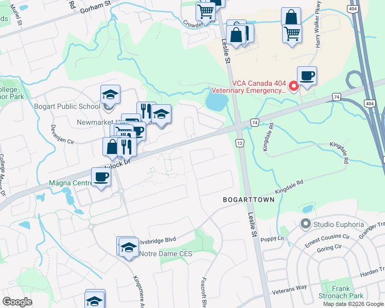 map of restaurants, bars, coffee shops, grocery stores, and more near 565 Foxcroft Boulevard in Newmarket