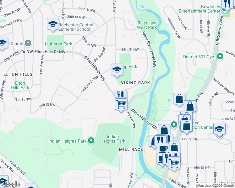 map of restaurants, bars, coffee shops, grocery stores, and more near 345 Elton Hills Drive Northwest in Rochester