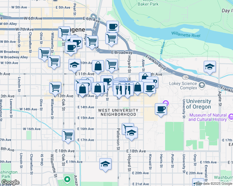 map of restaurants, bars, coffee shops, grocery stores, and more near 1255 Patterson Alley in Eugene