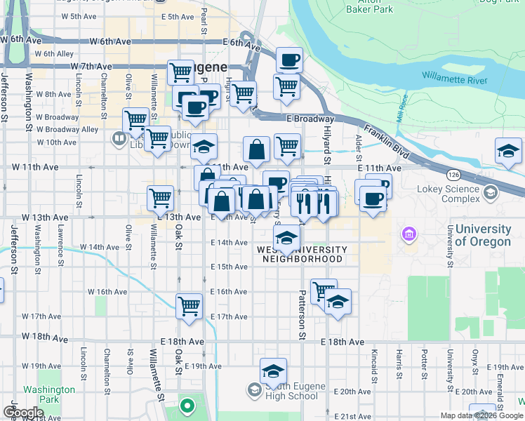 map of restaurants, bars, coffee shops, grocery stores, and more near 1250 Ferry Street in Eugene