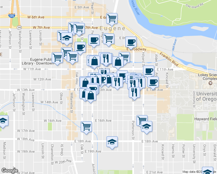 map of restaurants, bars, coffee shops, grocery stores, and more near 1312 Mill Street in Eugene
