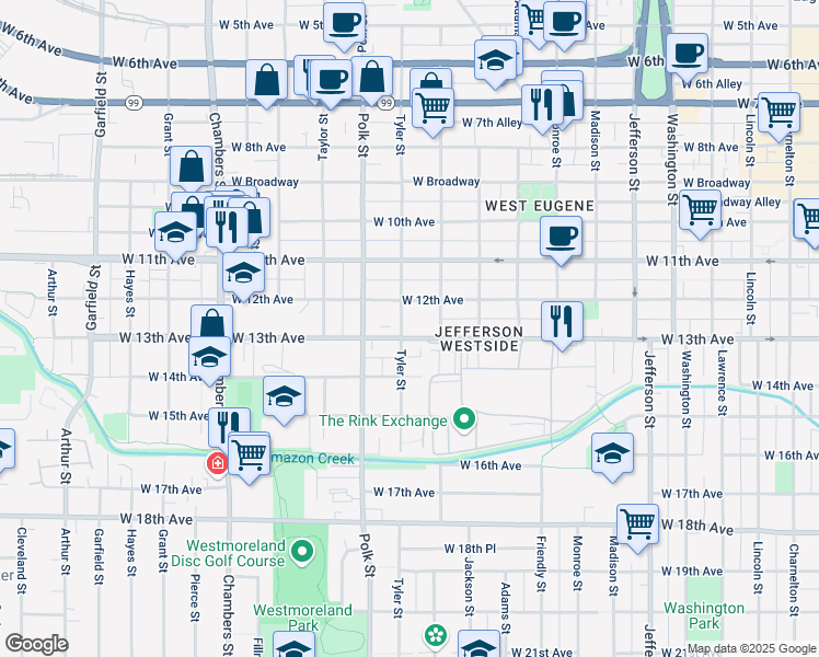 map of restaurants, bars, coffee shops, grocery stores, and more near 1263 Tyler Street in Eugene