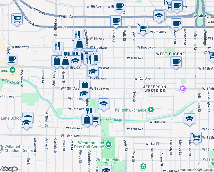 map of restaurants, bars, coffee shops, grocery stores, and more near 1530 West 12th Avenue in Eugene