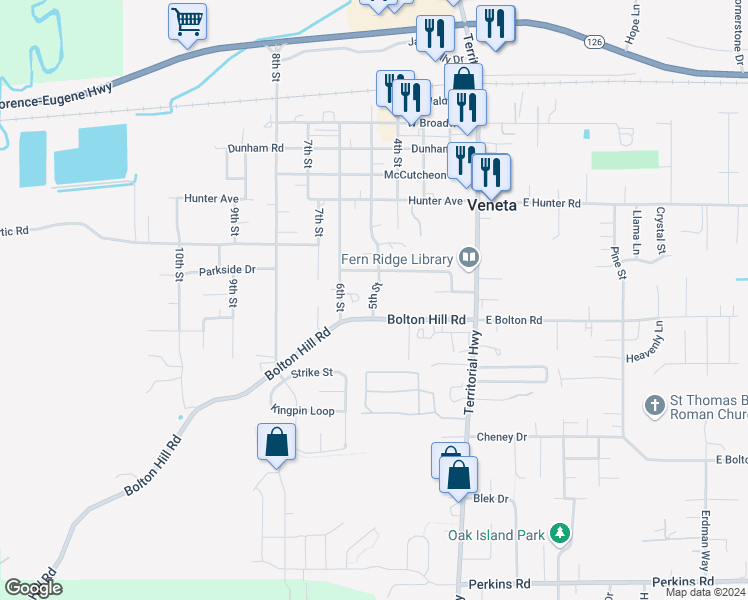 map of restaurants, bars, coffee shops, grocery stores, and more near 24953 Meadowdale Lane in Veneta