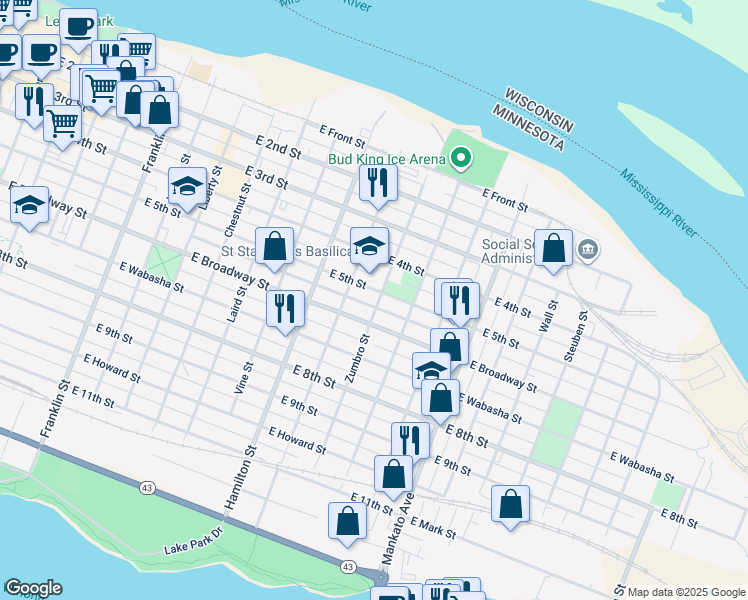 map of restaurants, bars, coffee shops, grocery stores, and more near 651 East 5th Street in Winona