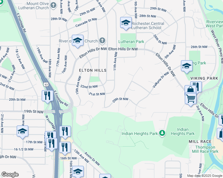 map of restaurants, bars, coffee shops, grocery stores, and more near 2204 11th Avenue Northwest in Rochester