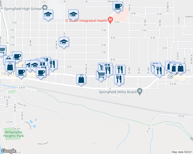 map of restaurants, bars, coffee shops, grocery stores, and more near 1263 Main Street in Springfield