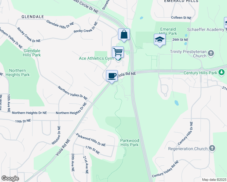map of restaurants, bars, coffee shops, grocery stores, and more near 2220 Viola Road Northeast in Rochester