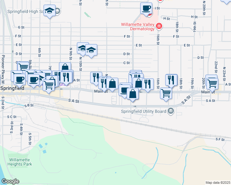 map of restaurants, bars, coffee shops, grocery stores, and more near 1259 Main Street in Springfield