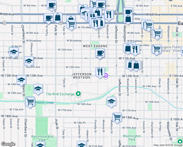 map of restaurants, bars, coffee shops, grocery stores, and more near 1258 Adams Street in Eugene