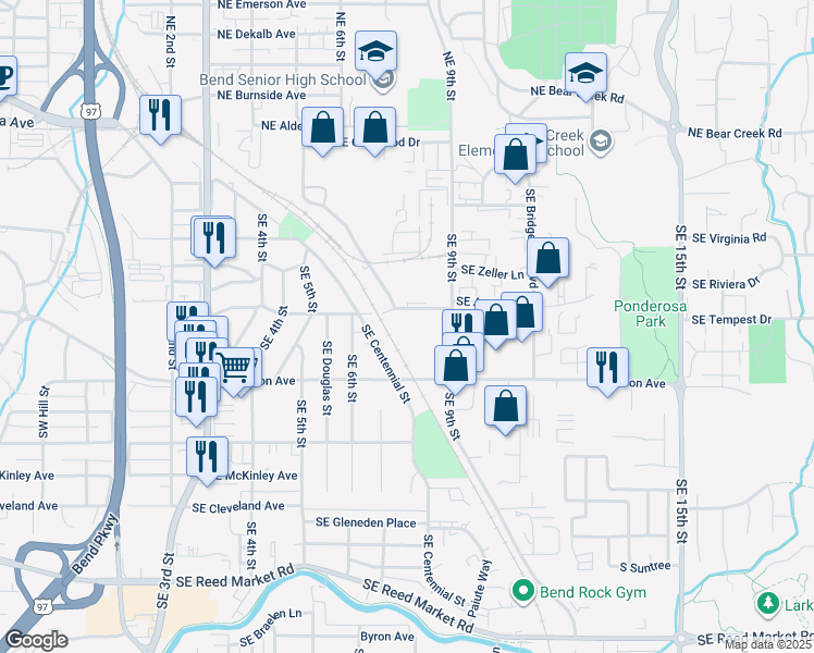 map of restaurants, bars, coffee shops, grocery stores, and more near 625 Southeast Woodland Boulevard in Bend