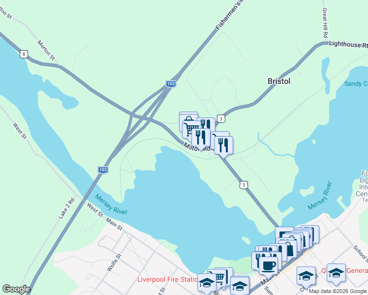 map of restaurants, bars, coffee shops, grocery stores, and more near 55 Milton Road in Liverpool