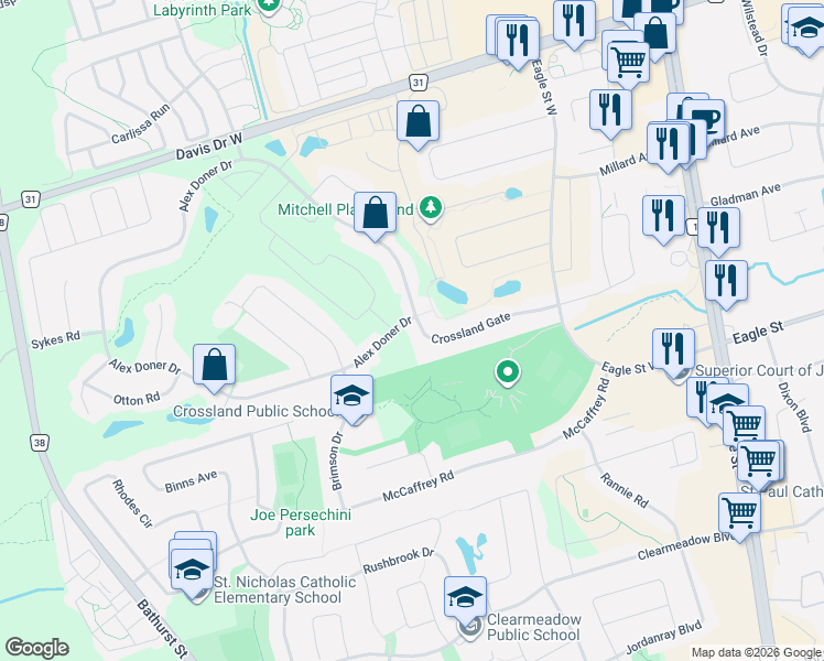 map of restaurants, bars, coffee shops, grocery stores, and more near 248 Crossland Gate in Newmarket