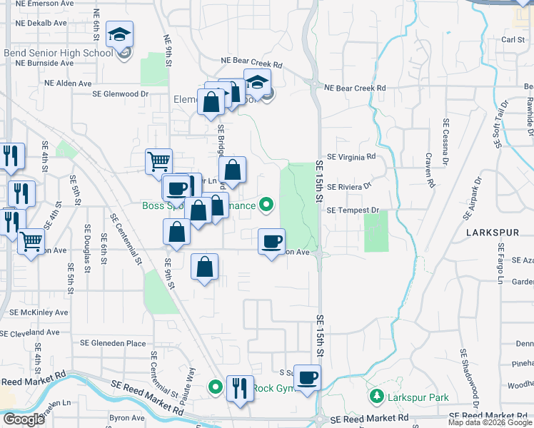 map of restaurants, bars, coffee shops, grocery stores, and more near 1305 Southeast Armour Road in Bend