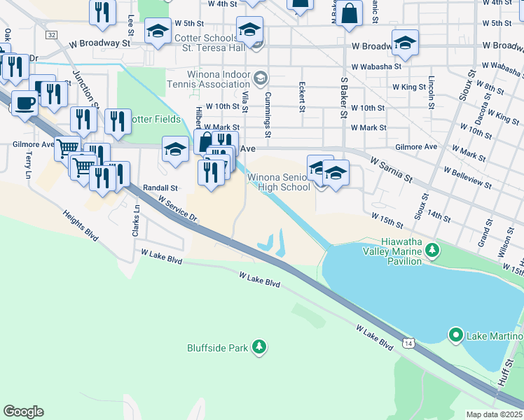 map of restaurants, bars, coffee shops, grocery stores, and more near 1122 U.S. 61 in Winona
