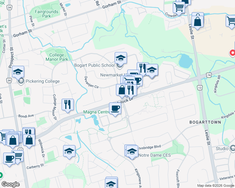 map of restaurants, bars, coffee shops, grocery stores, and more near 924 College Manor Drive in Newmarket