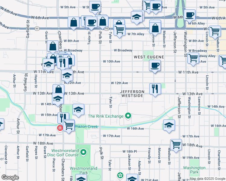 map of restaurants, bars, coffee shops, grocery stores, and more near 1263 Tyler Street in Eugene