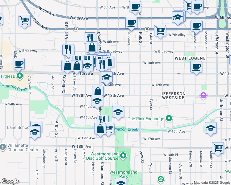 map of restaurants, bars, coffee shops, grocery stores, and more near 1525 West 13th Avenue in Eugene