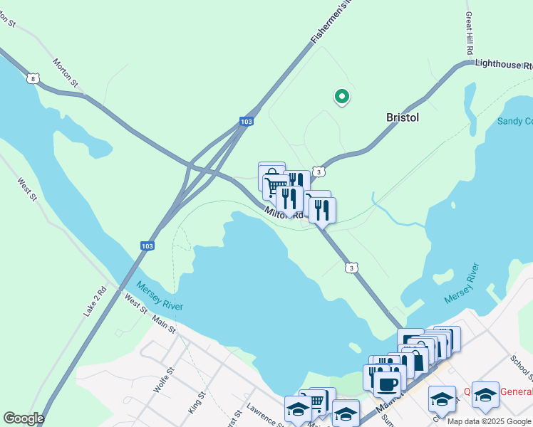 map of restaurants, bars, coffee shops, grocery stores, and more near 55 Milton Road in Liverpool
