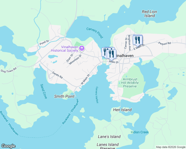 map of restaurants, bars, coffee shops, grocery stores, and more near 35 West Main Street in Vinalhaven