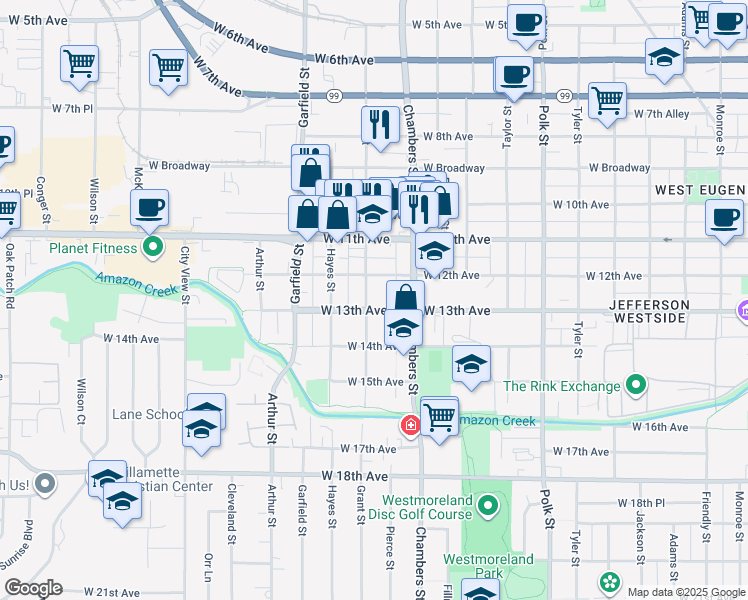 map of restaurants, bars, coffee shops, grocery stores, and more near 1785 West 13th Avenue in Eugene