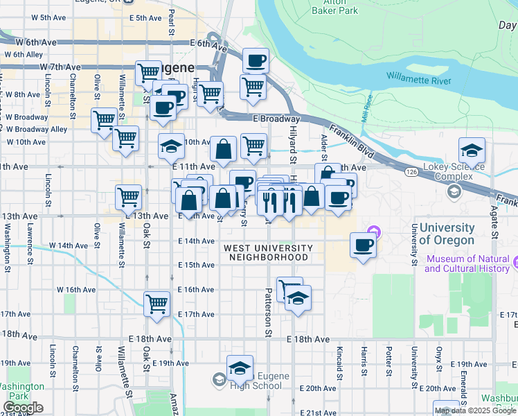 map of restaurants, bars, coffee shops, grocery stores, and more near 1273 Patterson Alley in Eugene