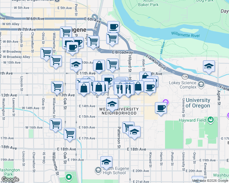 map of restaurants, bars, coffee shops, grocery stores, and more near 1273 Patterson Alley in Eugene