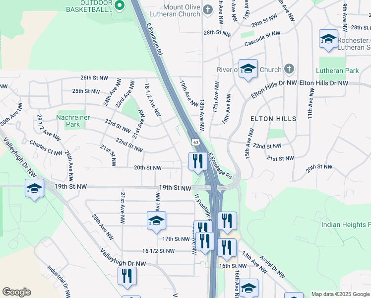 map of restaurants, bars, coffee shops, grocery stores, and more near 2107 West Frontage Road in Rochester