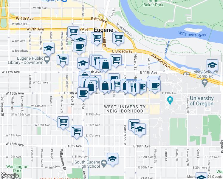 map of restaurants, bars, coffee shops, grocery stores, and more near 1250 Ferry Street in Eugene