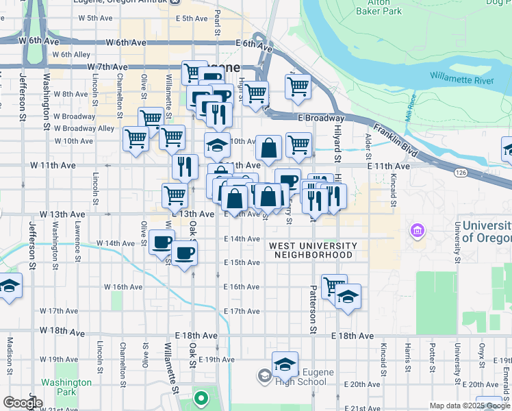 map of restaurants, bars, coffee shops, grocery stores, and more near 361 East 13th Avenue in Eugene