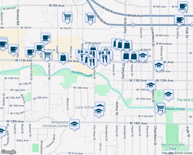 map of restaurants, bars, coffee shops, grocery stores, and more near 1293 City View St in Eugene