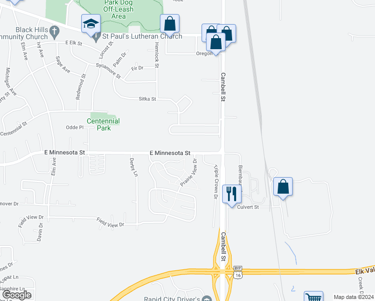 map of restaurants, bars, coffee shops, grocery stores, and more near 1240 East Minnesota Street in Rapid City