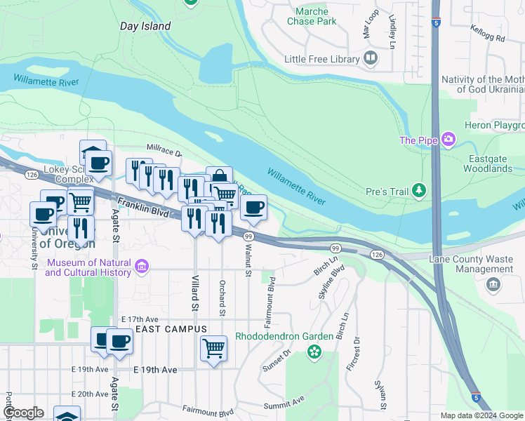 map of restaurants, bars, coffee shops, grocery stores, and more near 2117 Franklin Boulevard in Eugene