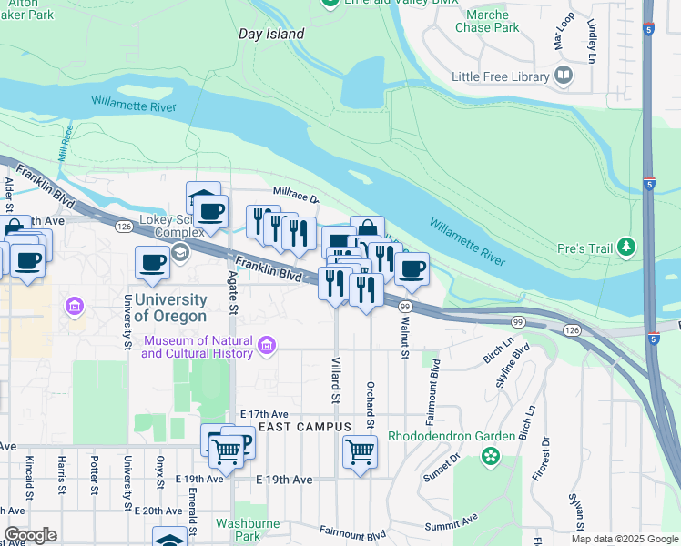 map of restaurants, bars, coffee shops, grocery stores, and more near in Eugene