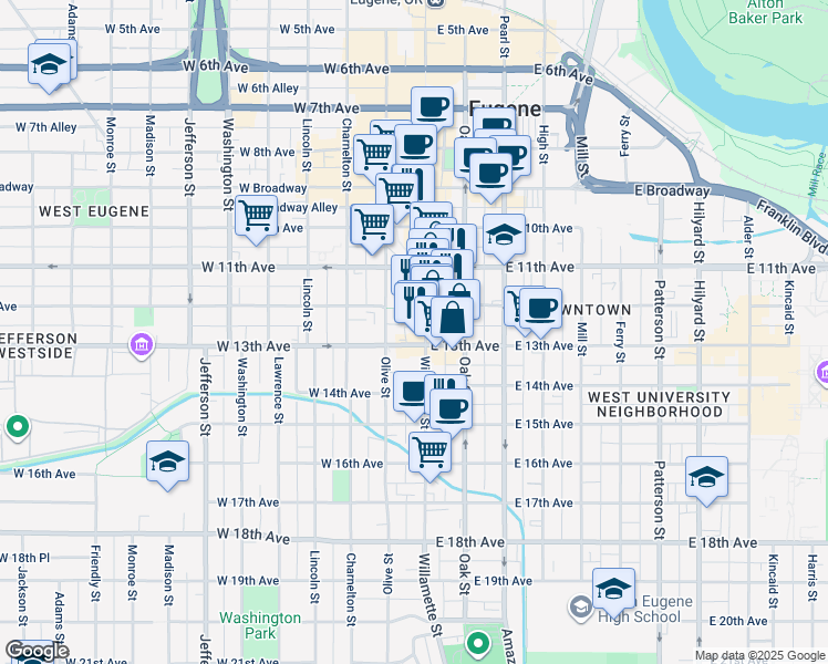 map of restaurants, bars, coffee shops, grocery stores, and more near 1272 Willamette Street in Eugene
