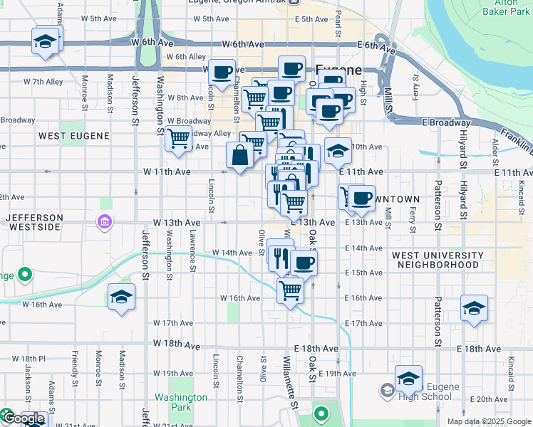 map of restaurants, bars, coffee shops, grocery stores, and more near 1298 Olive Street in Eugene