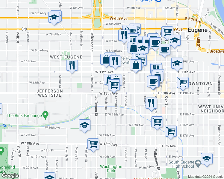 map of restaurants, bars, coffee shops, grocery stores, and more near 1262 Lawrence Street in Eugene
