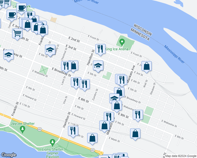 map of restaurants, bars, coffee shops, grocery stores, and more near 651 East 5th Street in Winona