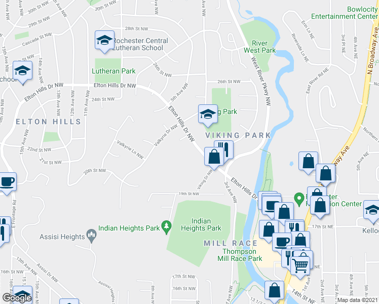 map of restaurants, bars, coffee shops, grocery stores, and more near 362 Elton Hills Drive Northwest in Rochester