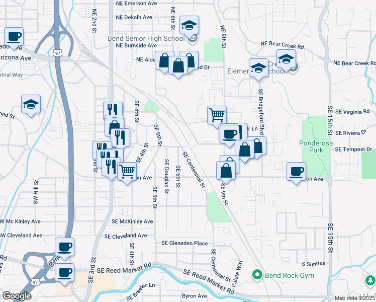 map of restaurants, bars, coffee shops, grocery stores, and more near 619 Southeast Woodland Boulevard in Bend