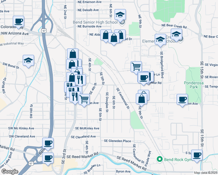 map of restaurants, bars, coffee shops, grocery stores, and more near 557 Southeast Woodland Boulevard in Bend