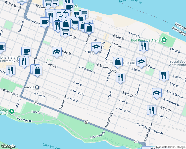 map of restaurants, bars, coffee shops, grocery stores, and more near 353 East Wabasha Street in Winona