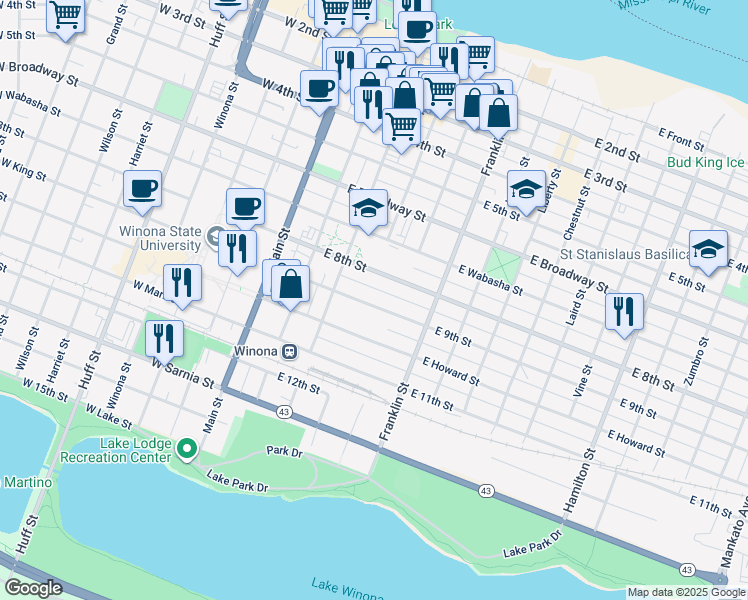 map of restaurants, bars, coffee shops, grocery stores, and more near 156 East 9th Street in Winona