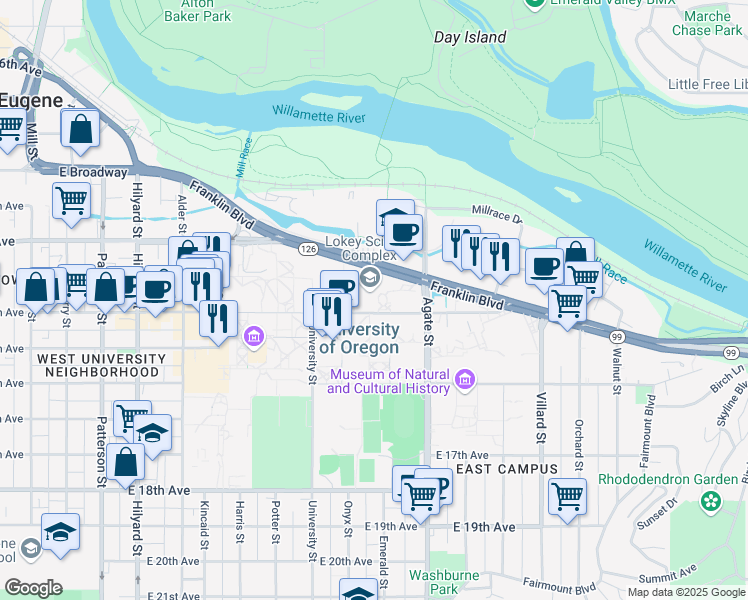 map of restaurants, bars, coffee shops, grocery stores, and more near 1425 East 13th Avenue in Eugene