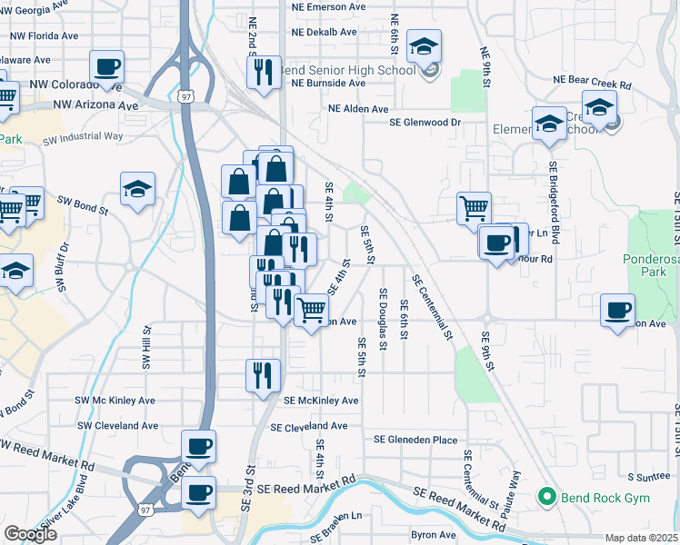 map of restaurants, bars, coffee shops, grocery stores, and more near 407 Southeast 4th Street in Bend