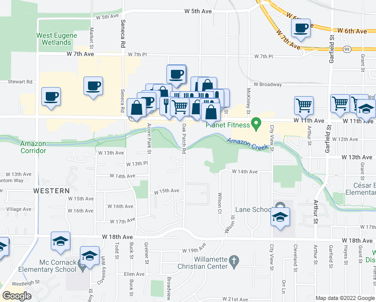 map of restaurants, bars, coffee shops, grocery stores, and more near 1333 Oak Patch Road in Eugene